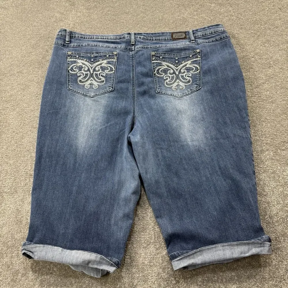 Earl Jean Womens 24W‎ Embellished Bermuda Denim Shorts Blue Studded Pockets